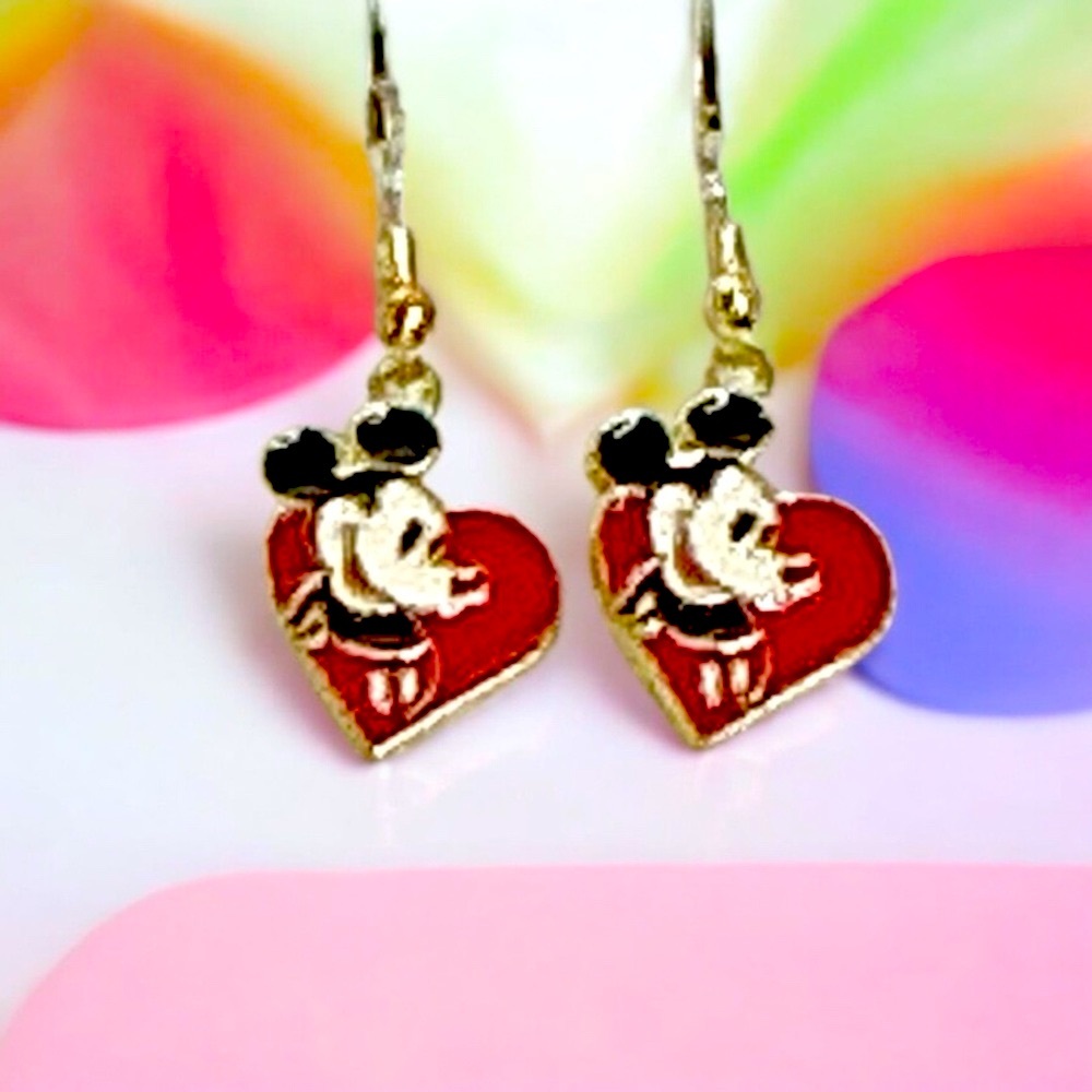Mickey Mouse Fishhook Heart Dangle Earrings Valentine - Picture 3 of 4